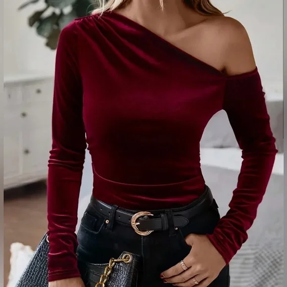 Christmas Red Velvet Asymmetrical Long Sleeve Top - Picture 1 of 5